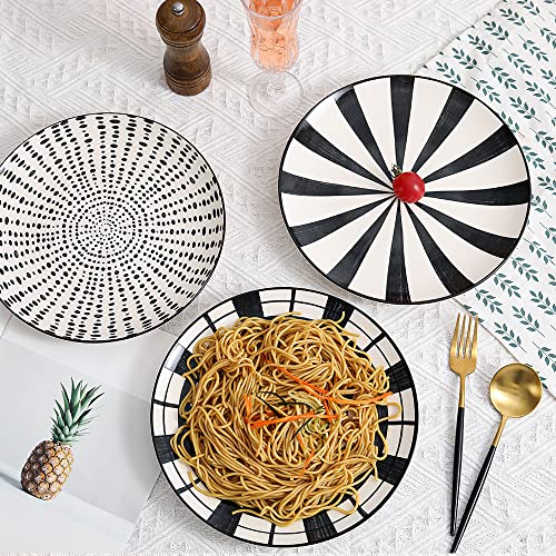 AHX Dinner Plates Ceramic Plate Set - 10 Inch Large Porcelain Round Plate Sets of 6 - Flat Modern Black Pattern Dining Plates for Kitchen | Family - Dishwasher | Microwave | Oven Safe - size: 10 inch