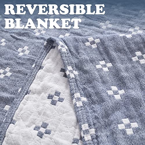 jinchan 100% Cotton Muslin Blanket Twin Boho Throw Blanket 50x60 Denim Blue | 3-Layer, Geometric Cross Quilt, Cooling Breathable Lightweight, for Adult, Soft, Reversible, Summer, Couch, Sofa, Bedroom - color: B. Cross Blue, size: 50"x60"