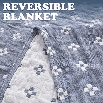 jinchan 100% Cotton Muslin Blanket Twin Boho Throw Blanket 50x60 Denim Blue | 3-Layer, Geometric Cross Quilt, Cooling Breathable Lightweight, for Adult, Soft, Reversible, Summer, Couch, Sofa, Bedroom - color: B. Cross Blue, size: 50"x60"