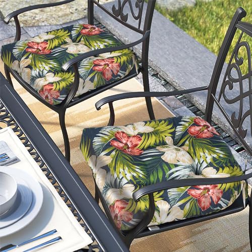 Magpie Fabrics Outdoor/Indoor Tufted Seat Cushion with Ties Set of 2, 19"x19" Waterproof Patio Chair Pads Tatami for Room Garden Balcony Office Decor, Midnight Floral - color: Amidnight Floral
