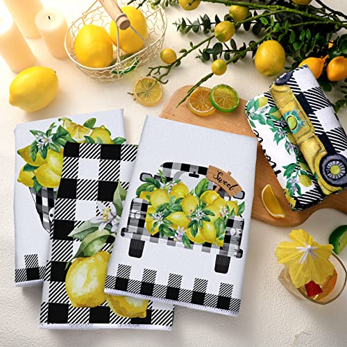 Redbaker 6 Pcs Lemon Kitchen Towels Lemonade Dish Towels with Sayings | Decorative Black White Plaid Hand Tea Dishcloths for Kitchen Decor with Hanging Loop for Housewarming Gift - style: Plaid Lemon