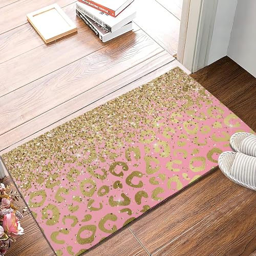 SPUNKER Door Mat, 17 x 30 Inch Pink Gold Leopard Welcome Doormat Decorative Home Floor Mat, Non Slip Back and Strong Water Absorption for Outdoor Indoor Entrance Decor - color: Pink Gold Leopard