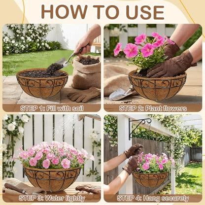 6 Pack 12 inch Metal Hanging Baskets for Plants, Round Metal Wire Hanging Basket Planter with Coco Fiber Liners Chain for Garden Home Porch Patio, Flower Border - size: 12" x 6 Pack, style: Flower Border
