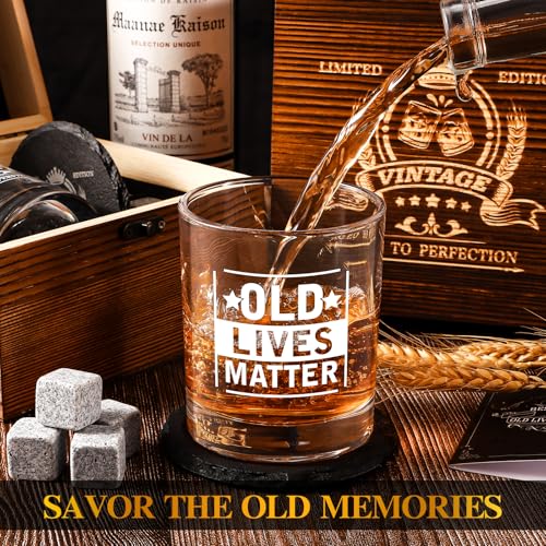 Old Lives Matter Whiskey Glasses, Funny Retirement Gifts for Old Man | 12oz Old Fashioned Whisky Gifts for Men Christmas, Grandpa, Dad, Gag Gift with Whiskey Stones, Coaster, Wooden Box - style: Old Lives Matter Whiskey Glass
