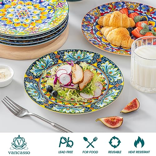 vancasso Salad Plates Set of 6, 8.5 Inch Ceramic, Microwave Safe | Dessert and Small Dinner Plates, Colorful Bohemian Style Plates for Kitchen - size: 8.5in