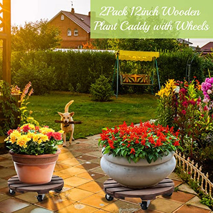 HOHY 2PCS Plant Caddy 12" Plant Stand with Wheels Wood Rolling Plant Stand | Plant Dolly Rollers with 360° Metal Lockable Casters, Heavy Duty Planter Caddies, Easy to Move, 240 Lb Capacity