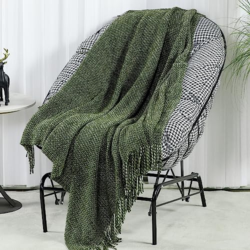 Blagic Knitted Throw Blanket for Couch, Soft Farmhouse Throw Blanket with Tassels,Home Decorative Lightweight Blankets,Spring Throws for Bed/Chair/Sofa,Wheat Textured (Green & White,50" W x 60" L) - color: Green & White, size: 50 × 60 in