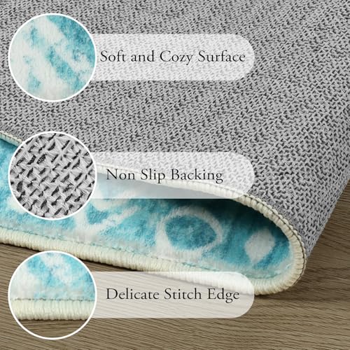 Lahome 2x3 Rustic Geometric Teal/White Area Rug, Machine Washable, Non-Slip Backing, Boho Print Design, Ultra-Thin Soft Indoor Entrance Rug - color: Teal/White, size: 2' x 3'