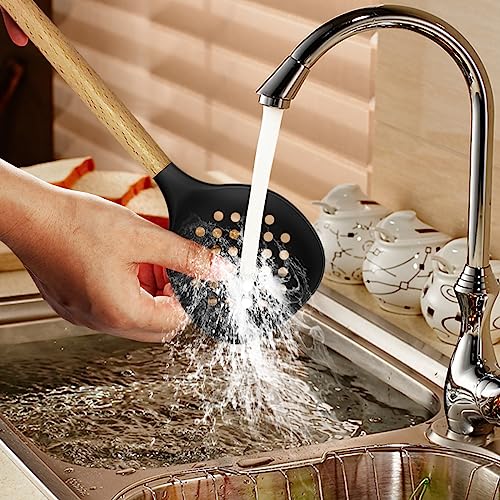 oannao Silicone Cooking Utensils Set - 446°F Heat Resistant Silicone Kitchen Utensils for Cooking,Kitchen Utensil Spatula Set w Wooden Handles, BPA FREE Gadgets for Non-Stick Cookware (Black) - color: Black