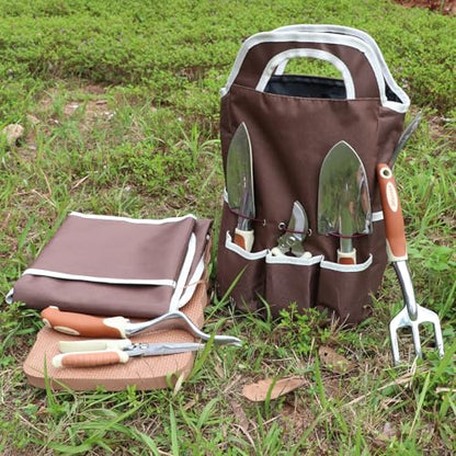 Brown Garden Tools Set 12-Piece, Gardening Gifts for Women Men | Aluminum Garden Hand Tool Kit with Non-Slip Ergonomic Handle, Storage Tote Bag, Apron, Gloves and Kneeling Pad for Gardeners - color: brown