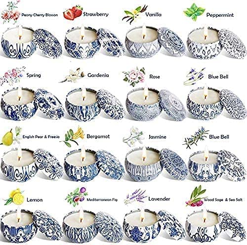 Set of 16 Small Scented Candles Gifts,Blue and White Aroma Naturals Candles,2.5 OZ Soy Wax Travel Tin Jar Candles,Appropriate Gifts for Mom,Christmas, Birthday, Thanksgiving,Christmas Celebrations. - color: Blue