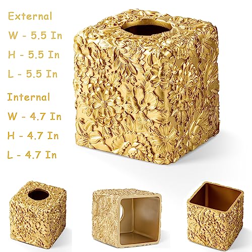 Polytree Square Tissue Box Cover,Tissue Box Holder for Bathroom Home Decor,Hand Carved 3D Florwers Tissue Case,Farmhouse Paper Organizer,Sunflowers Gold