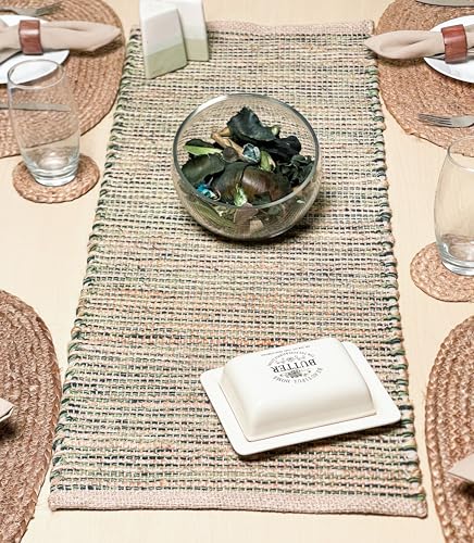 Chardin Natural Jute Table Runner, 13x36 Inch | Home, Vintage Boho Rustic Decor, Handwoven, Green, Farmhouse Dining or Console Table Accent - color: Natural Jute-green, size: 13x36 Inch.