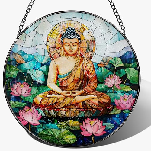 8-Inch Buddha Stained Glass Suncatcher & Ornament, Stained Glass Window Hanging, Sun Catcher Window Decor, Namaste Decor — Gifts for Buddhist & Yoga Lover, Gifts for Christmas, Birthday & Housewarming - color: Buddha