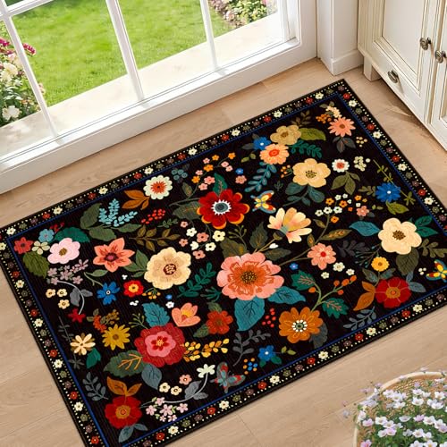 RELEANY Floral Washable 2x3 Area Rugs Doormat Black | Flower Carpet, Print, Boho, Non-Slip, Easy to Clean, Soft, Low Pile for Living Room Bedroom Kitchen Office Entryway Hallway - color: Black, size: 2' x 3' (Rectangular)