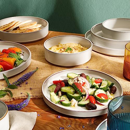 Two Time Oprah's Favorite Things Winner - Santorini Mist Double Bowl Terracotta Reactive Glaze Plates and Bowls Dinnerware Set - Moonstone White, Service for Four (16pcs) - color: Moonstone White