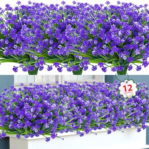12 Bundles Artificial Flowers for Outdoors Decorations, Purple | Fake plants, plastic flowers, faux greenery stems, UV resistant, for indoor garden patio window box kitchen home decor - color: Purple, size: 12 Packs