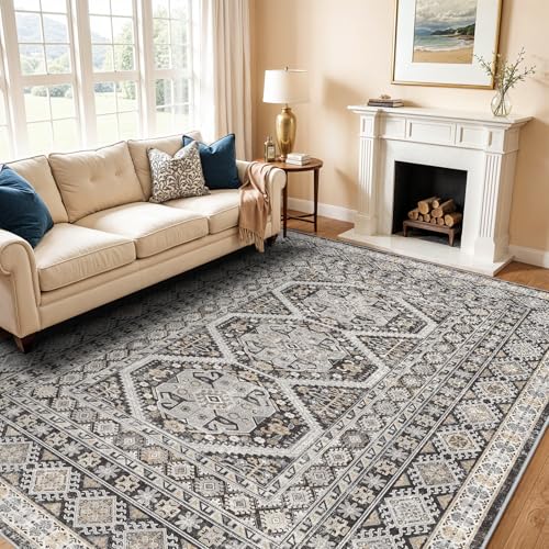 10x12 Area Rug Washable Vintage: Non Slip Living Room Large Rugs Black | Oriental Indoor Floor Mat for Bedroom Soft Low Pile Thin Rugs for Dining Room Nursery Pet Friendly Home Office Decor - color: Black, size: 10' x 12' (Rectangular)