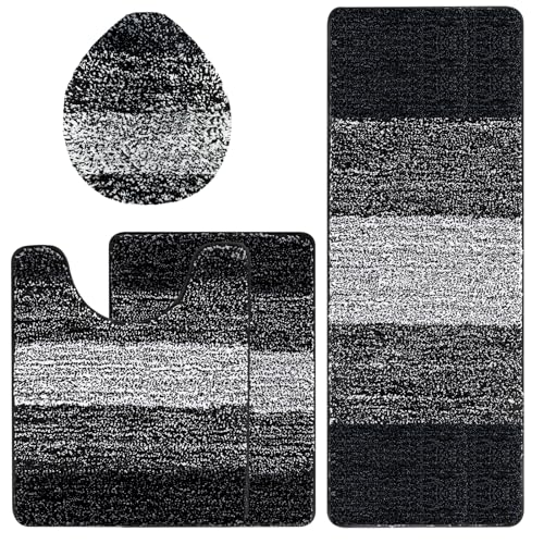 Bsmathom Bathroom Rug Set 4 Piece, Plush Microfiber Bath Mat, Black | Extra Water Absorbent, Non Slip Washable Runner Bath Rugs with Toilet Lid Cover and U-shaped Contour Toilet Mat - color: Black, size: 18"x26"+18"x48"+U20"x24"+Cover19"x21"