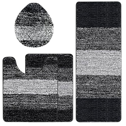 Bsmathom Bathroom Rug Set 4 Piece, Plush Microfiber Bath Mat, Black | Extra Water Absorbent, Non Slip Washable Runner Bath Rugs with Toilet Lid Cover and U-shaped Contour Toilet Mat - color: Black, size: 18"x26"+18"x48"+U20"x24"+Cover19"x21"