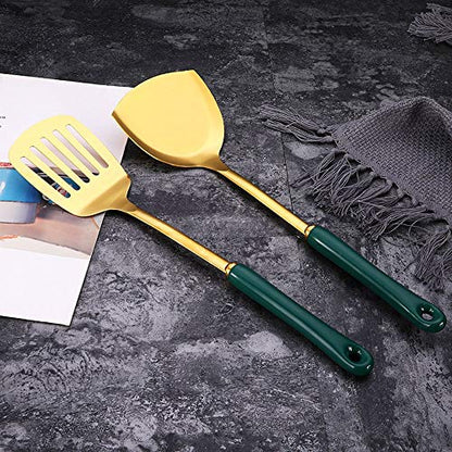 7pcs Kitchen Cooking Stainless Steel Utensils Set With Holder,Nonstick Ceramic Handle Cooking Tools Gadgets Spatula Set With Storage Organizer Stand Cookware Kitchenware Set Gift (Green Silver)