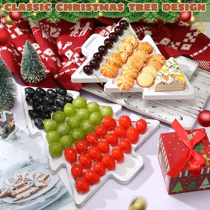 Wood 2-Tiered Christmas Tree Tray Cupcake Stand Dessert Display Holiday Serving Platters Xmas Wooden Charcuterie Board for Snacks Food Fruit Appetizers Desserts Cookies(Distressed White) - color: Distressed White