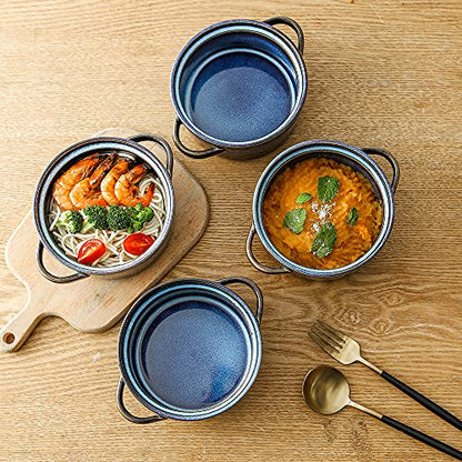 KOOV Porcelain Soup Bowls With Handles Microwave Safe, Soup Bowls Large, 24 Ounce for Soup, Cereal, Stew, French Onion Soup Bowl, Reactive Glaze Set of 4 (Nebula Blue)