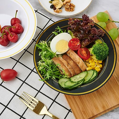 50PCS 12oz Black Disposable Plastic Soup Bowls with Gold Rim | Plastic Bowls for Christmas Thanksgiving Premium Disposable Soup Dessert Salad Bowls for Wedding/Party/Halloween - color: Black, style: 50Count