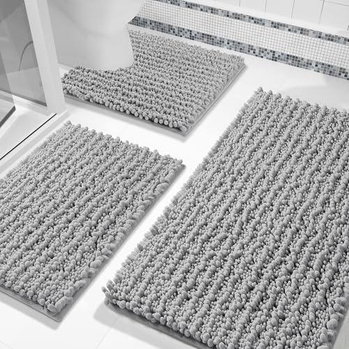 Yimobra Bathroom Rug Set 3 Piece - Super Absorbent Quick Dry Chenille Bath Mats & Toilet Rug, Non Slip Machine Washable, Extra Thick Shaggy Floor Mat for Shower Tub Sink, Grey - color: Grey, size: 24"x20" + 30"x20"+ 44"x24"