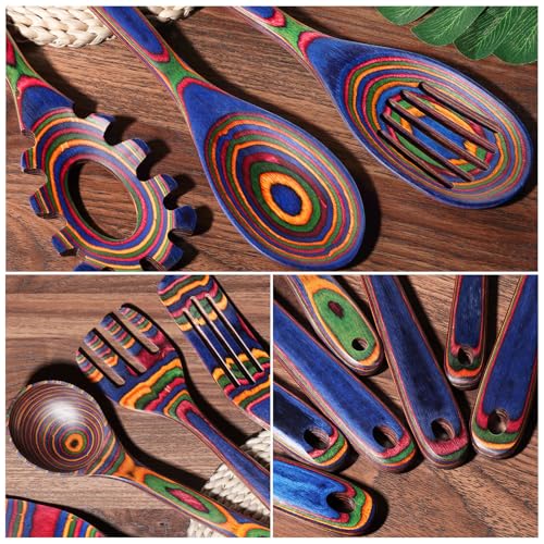 MYRAINBOW Wooden Spoons for Cooking – 7 Piece Pakkawood Kitchen Utensils Set with Spatulas, Spoons, Ladles, and Turner for Mixing, Serving & Cooking - color: Rainbow-A