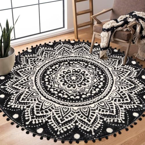 Uphome Boho Round Rug for Living Room 4' Circular Black Mandala Area Rug with Pom Poms Fringe Washable Cute Bohemian Accent Throw Rugs Non-Slip Soft Floor Mat for Bedroom Sofa Kids Room Nursery - color: Black-upgraded, size: 4' Round