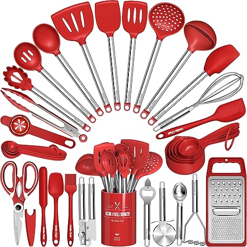Kitchen Utensils Set- Umite Chef 34 PCs Cooking Utensils with Grater, Spoon Spatula, Heat Resistant Food Grade Silicone, Stainless Steel Handles Kitchen Gadgets Tools Set for Nonstick Cookware(Red) - color: Red