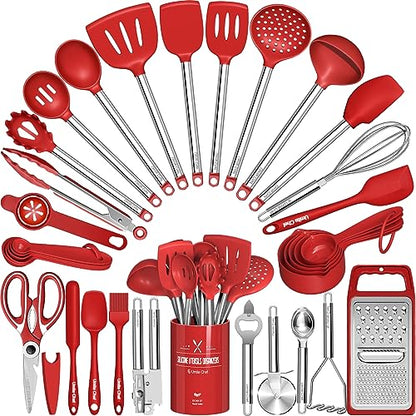 Kitchen Utensils Set- Umite Chef 34 PCs Cooking Utensils with Grater, Spoon Spatula, Heat Resistant Food Grade Silicone, Stainless Steel Handles Kitchen Gadgets Tools Set for Nonstick Cookware(Red) - color: Red