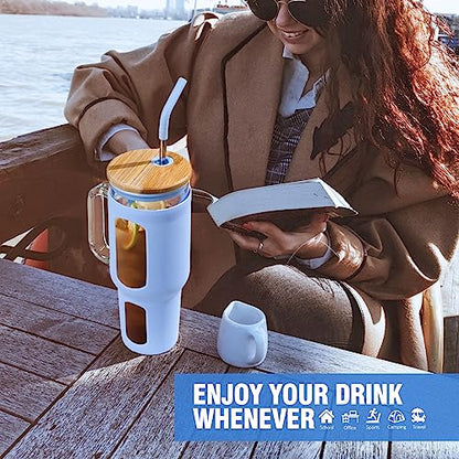 WINSA Glass Tumbler with Lid and Straw, 46 oz, Glacier | Iced Coffee Cup with Handle, Large Water Bottle with Silicone Sleeve, Pearl Straw & Drinking Straw, BPA Free - color: Glacier, size: 46 Ounces