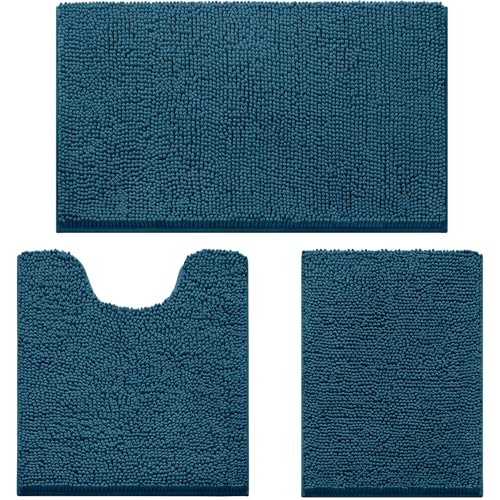 HOMEIDEAS 3 Pieces Bathroom Rugs, Extra Large Ultra Soft Non Slip Absorbent Chenille Toilet Bath Mat Set (Atlantic Blue) - color: Blue-atlantic Blue, size: 17"x24"+20"x32"+U Shape 20"x24"