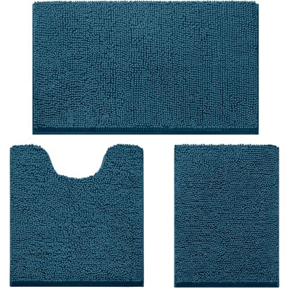 HOMEIDEAS 3 Pieces Bathroom Rugs, Extra Large Ultra Soft Non Slip Absorbent Chenille Toilet Bath Mat Set (Atlantic Blue) - color: Blue-atlantic Blue, size: 17"x24"+20"x32"+U Shape 20"x24"