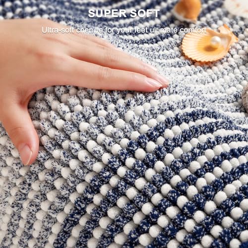 Bathroom Rugs Sets 3 Piece, Toilet Rugs U-Shaped Contour Bath Mat Set, Long Striped Absorbent Non Slip Chenille Shower Mat, Navy Blue - color: Navy Blue, size: 20"x47"+16"x24"+ U Shape 20"x24"