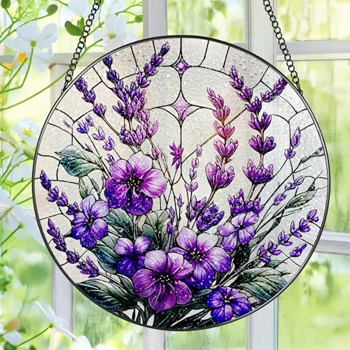 Bauhinia&Violets Flower Stained Glass Suncatcher, Stained Glass Window Hanging, 8 Inch Window Hanging Decor, Christmas, Mother's Day, Birthday Gifts for Mom, Grandma, Women, Wife, Lovers - color: Bauhinia&violets