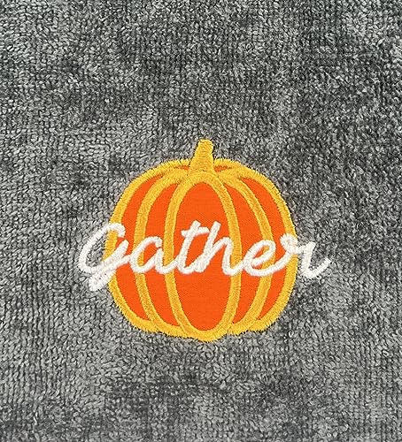 Thanksgiving Fall Harvest Embroidered Guest Fingertip Towels: Orange Gold White Gather Together Pumpkin on Plush Grey Gray, 2 Piece Set, 12" x 18" Inch Oeko-TEX Certified - color: Gather