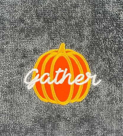 Thanksgiving Fall Harvest Embroidered Guest Fingertip Towels: Orange Gold White Gather Together Pumpkin on Plush Grey Gray, 2 Piece Set, 12" x 18" Inch Oeko-TEX Certified - color: Gather