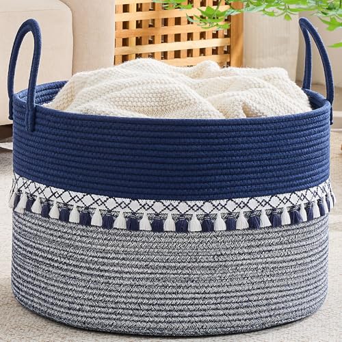 KAKAMAY Large Blanket Basket with Handles, Storage Basket for Living Room | Extra Large Capacity | Natural Cotton Rope | Blanket Storage | Woven Storage Basket | Stuffed Animal Storage | Laundry Basket - color: Blue