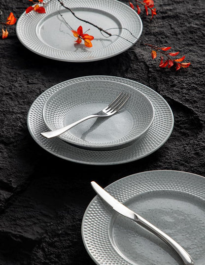 4-piece set, ceramic, embossed B design plate and bowl set, microwave and dishwasher tableware set, shatterproof and scratch resistant dinner set, irregular edge design, white - color: style - 12
