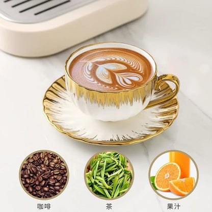 CHANJOON 6 Teacups Tea Tray Spoon Set, 6oz with Galvanized Gold Rim and Gift Box, Ceramic White English Coffee Teacup (gold, medium) - color: Gold, size: medium