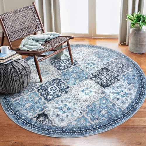 KILOCOCO Washable 5ft Circle Round Rug, 5x5 Non-Slip Soft Circular Area Rug | Moroccan Trellis Spill & Stain Resistant Low Pile Carpet for Living Room Dining Room Bedroom Under Table - color: Blue/Multi, size: 5' (Round)