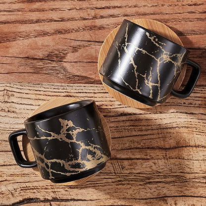 LUKA Porcelain Espresso Cup with Saucer and Metal Stand, 4 Ounce Stackable Ceramic Demitasse Espresso Mugs Cups Set for Latte,Coffee,Cafe Mocha,Tea(Set of 4) - color: Black Marbling