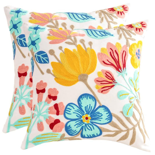 Embroidered Throw Pillow Covers, Pack of 2 Colorful Flowers Patterned Pillowcases for Couch Sofa Bedroom, Decorative Pillow Covers 18x18 inch(Colorful Flowers) - color: Colorful Flowers