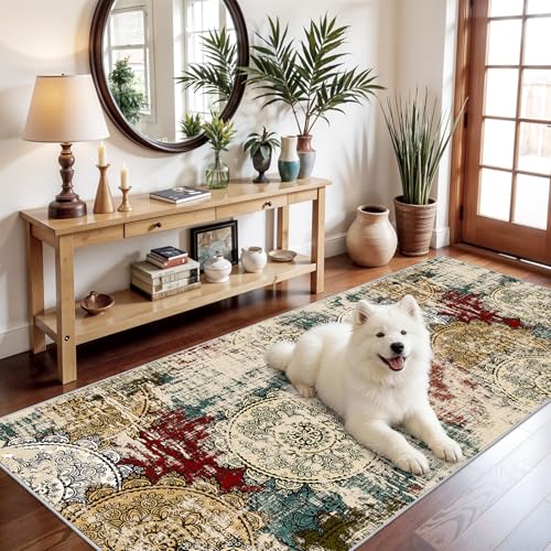 3x7 Runner Rug Entryway Washable：Non-Slip Indoor Soft Runners for Kitchen | Abstract Thin Low-Pile Stain Resistant Mandala Stamped Soft Carpet for Hallway Office Dorm Home Decor 3x7 Red/Green Multi - color: Red/Green/Multi, size: 3' x 7' (Rectangular)