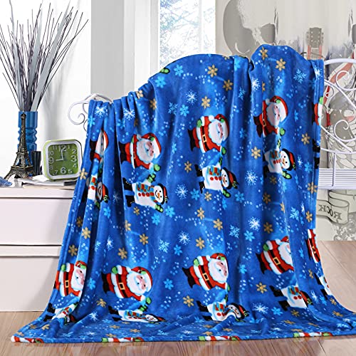 Elegant Comfort Luxury Velvet Super Soft Christmas Prints Fleece Blanket-Holiday Theme Home Décor Fuzzy Warm and Cozy Throws for Winter Bedding, Couch and Gift, 50 x 60 inch, Blue Santa Snowman - color: Blue Santa Snowman, size: 50 in x 60 in