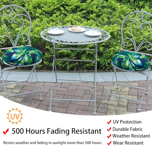 Magpie Fabrics 15" Round Bistro Seat Cushions with Ties, Set of 2, Waterproof All Weather Tufted 4" Thick Patio Chair Pads for Home Garden Dining Metal Stool - Green Lagoon Leaves - color: A Green Lagoon Leaves