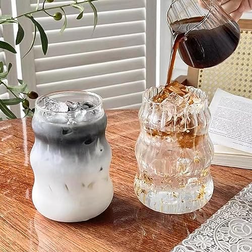 2 Pcs Ribbed Glass Cups, 18 Oz Vintage Drinking Glassware with Wave Design | Iced Coffee Cups Glass, Matcha Glass Bubble Cups for Iced Coffee, Juice, Beverage, Milk, Cocktails, Bubble Tea, and More